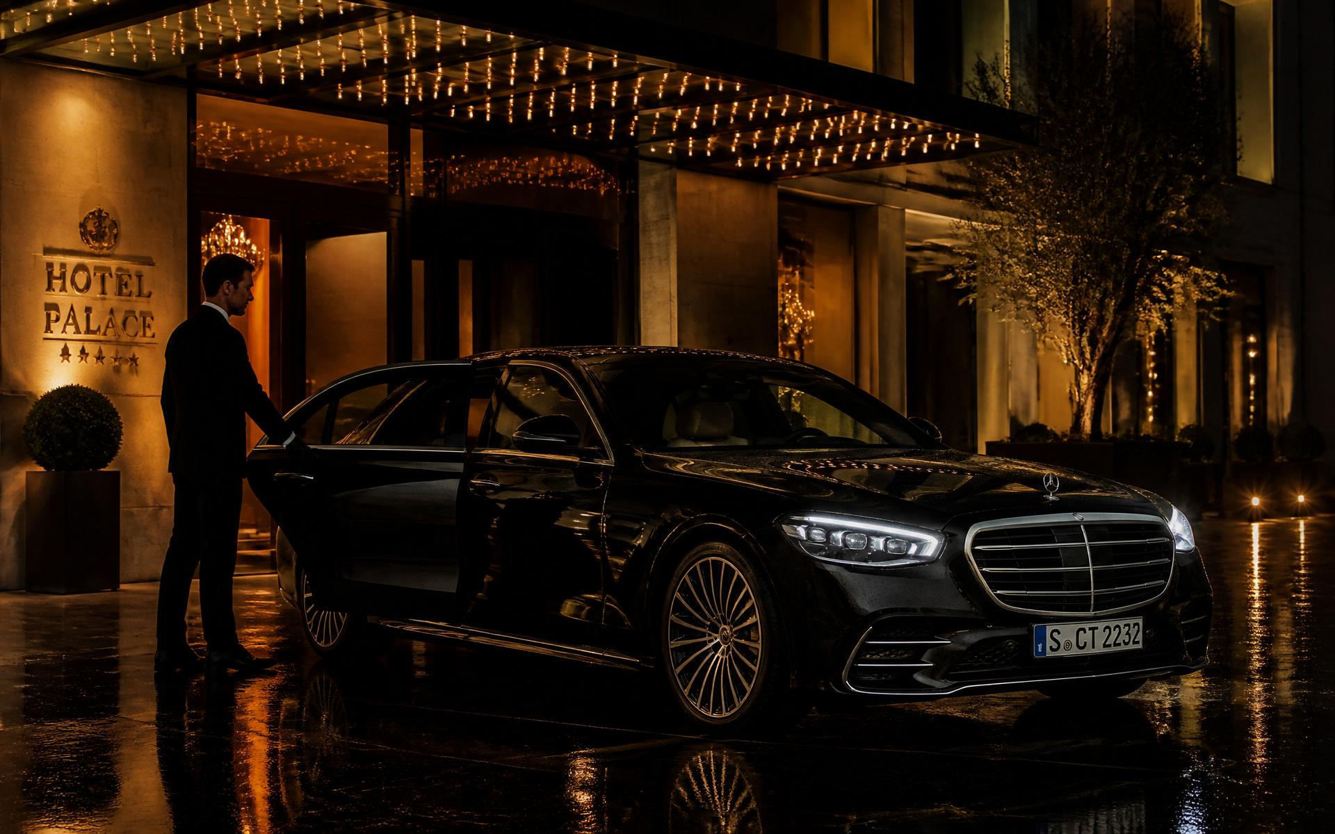 Chauffeur opening the rear door of a Mercedes-Benz S-Class at a luxury hotel entrance